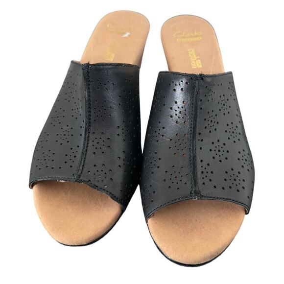 Clarks Helio Corridor 3" Wedge Sandals Black Leather SlipOn Open Toe Laser Cut-9 - Picture 2 of 7